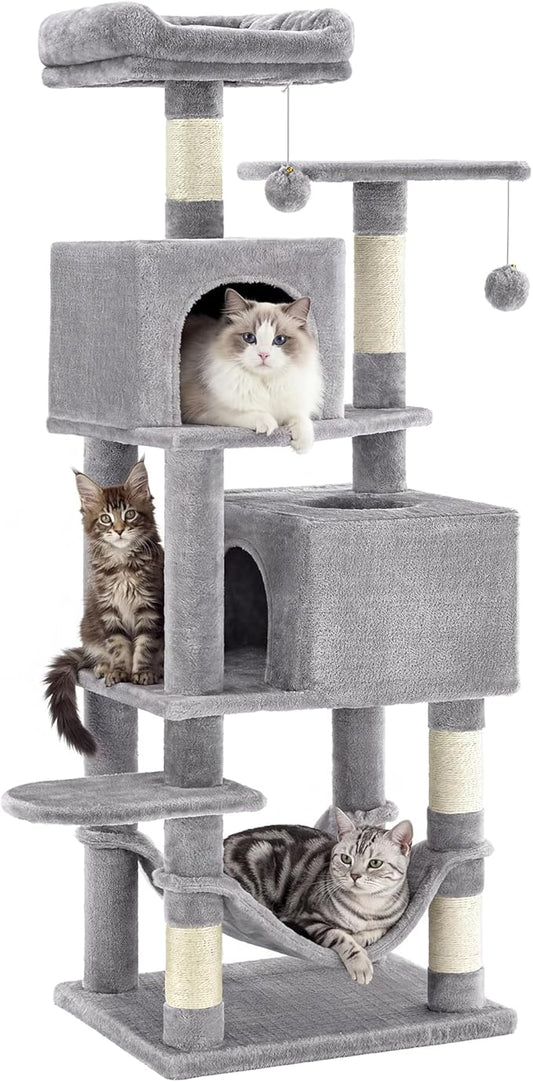 SONGMICS HOME Cat Tree for Indoor Cats, Multi-Level Cat Tower with Sisal Scratching Posts, Hammock and Condo, Light Gray