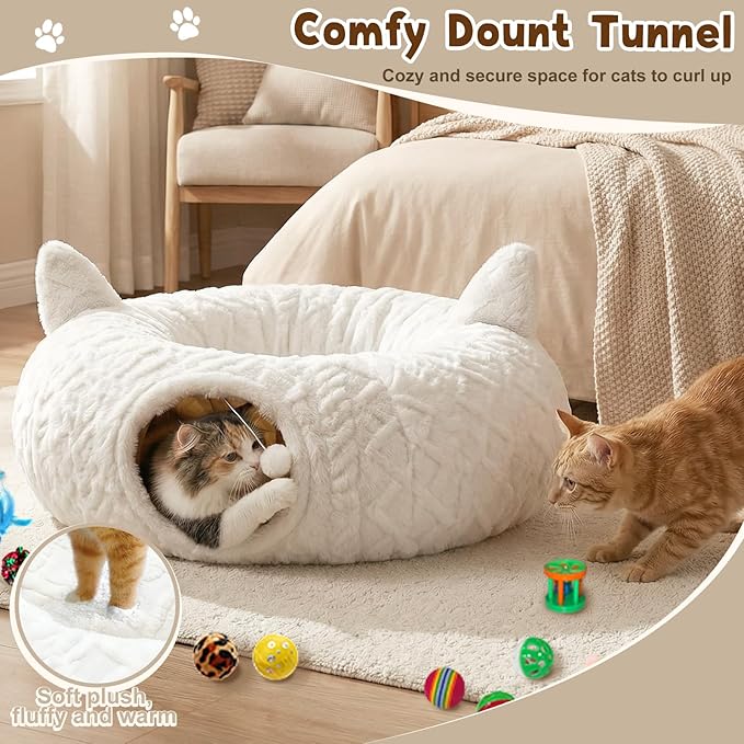OurWarm Large Cat Tunnel Bed for Indoor Cats with Soft Cushion & Cat Toys, Round Under Tree Cats Donut Tunnel Christmas Tree Skirt, White Plush Pet Peekaboo Cave for Kitten/Puppy/Rabbit to Play
