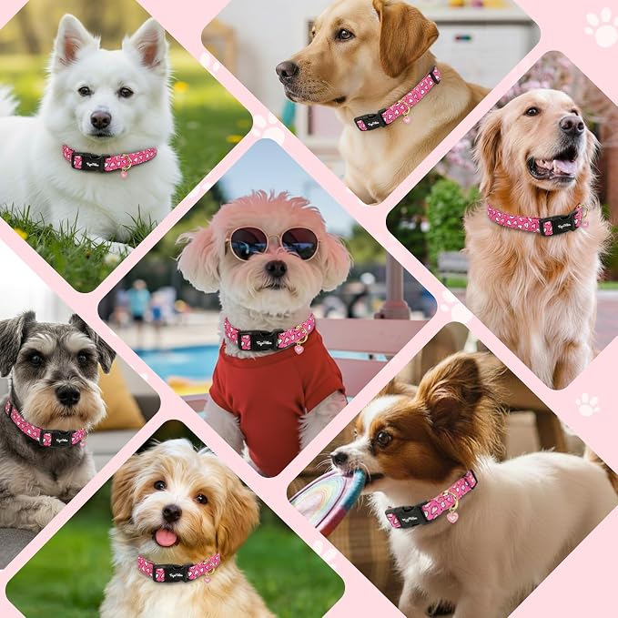 Dog Collars for Medium Dogs, Dog Collar with Pink White Heart Pattern, Adjustable Medium Dog Collar with Safety Buckle & Heart Charm, Spring Summer for Girl Boy Dogs-M