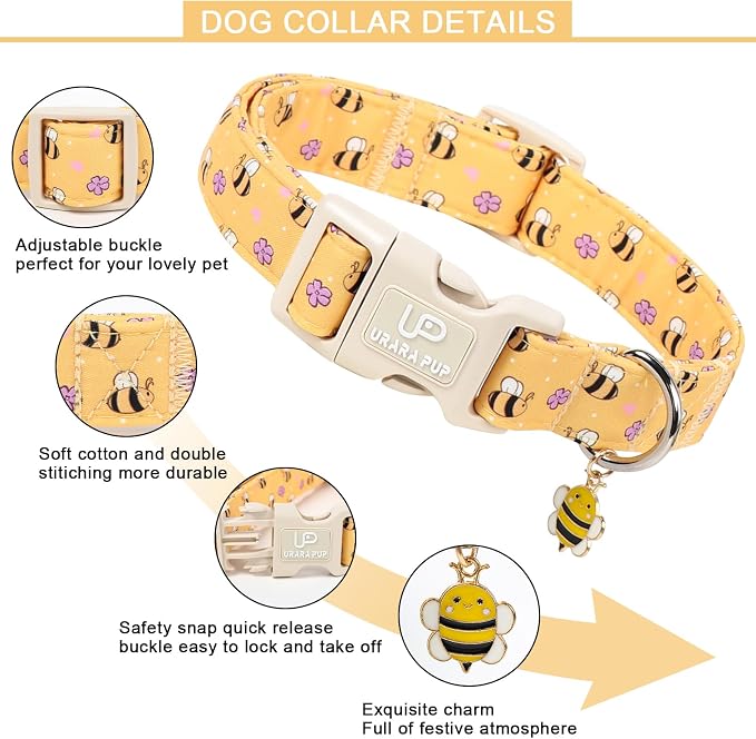 Bee Cotton Dog Collar, Summer Spring Bee Floral Pattern,Adjustable Soft Pet Collar with Cute Charm/Durable Buckle, Lightweight Comfortable for Small Medium Large Dogs