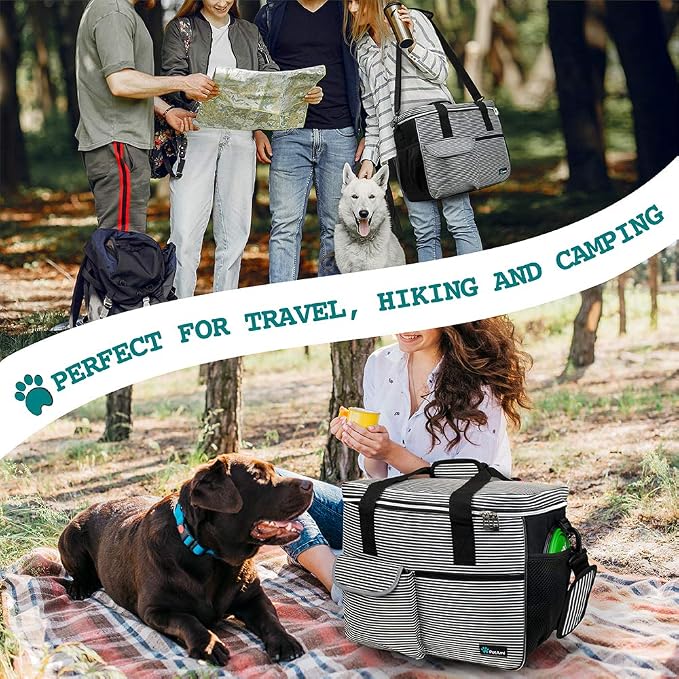 PetAmi Dog Travel Bag Organizer, Pet Travel Kit with 2 Food Containers & 2 Collapsible Dog Bowls, Pet Supplies Tote with Luggage Sleeve, Weekend Road Trip Camping Essentials, Stripe Black, Large