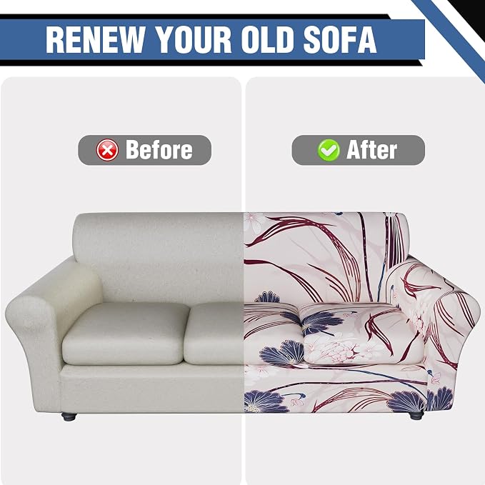 Stretch Couch Covers for 3 Separate Cushion Couch Sofa,Floral Printed Couch Sofa Cover,Washable Sofa Slipcover,Pet Friendly Furniture Protector with Elastic Bottom,Universal Fit for Home(Sofa,Cover)