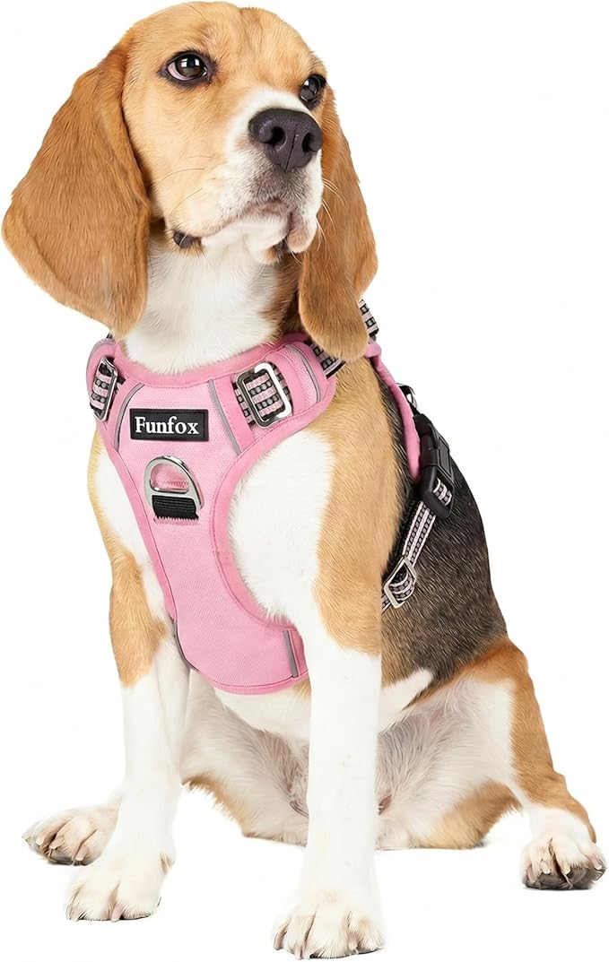 Funfox Dog Harness No Pull, Adjustable Pet Vest Harness, Super Soft Material with Vertical Handle Easy Control, Reflective Night Walking, 2 Leash Clips for Medium Sized Dogs, Pink, M