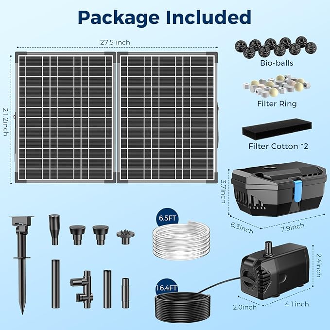 NFESOLAR 30W Solar Pond Filter Kit with Fountain Pump, 210 GPH Solar Pond Pump & Outdoor Filter Box, Submersible Water Pump with 16.4FT Cable & 6.6FT Tubing for Koi Pond, Fish Tank, Garden Fountain
