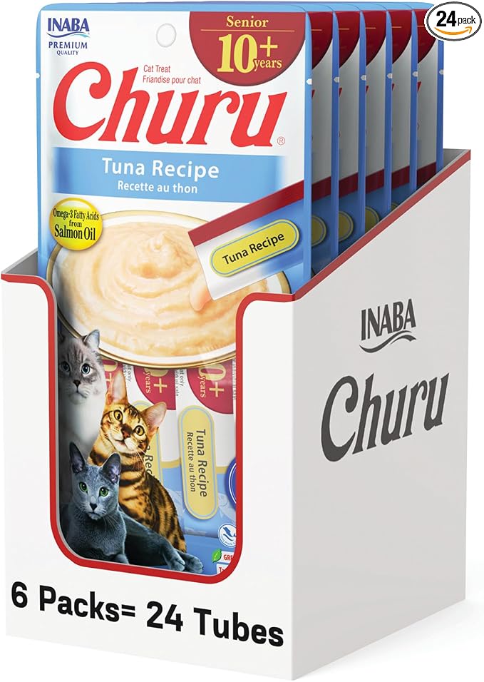 INABA Churu for Senior 10+, Creamy Lickable Cat Treats with Taurine, Vitamin E & C, 0.5 Ounces Each, 24 Tubes (4 per Pack), Tuna Recipe