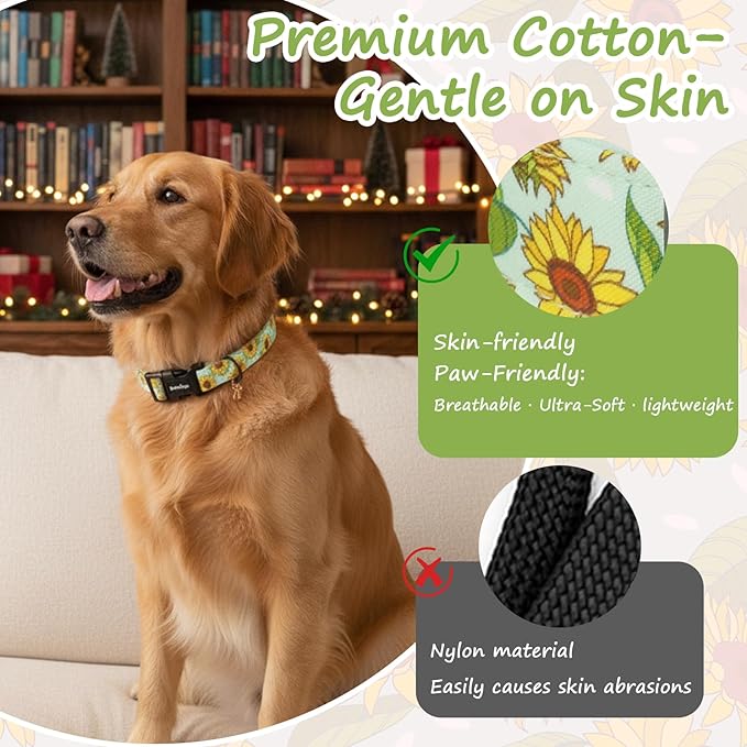 Dog Collar for Extra Small Dogs, Spring &Summer Theme Dog Collars with Sunflower Pattern, Adjustable Green Small Dog Collars, Cute Girl or Boy Dog Collar Ideal for Gifts,Pet Accessory,S