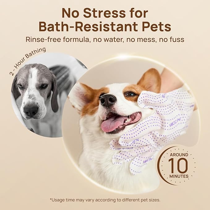 HICC PET Glove Wipes Pro Series for Dogs & Cats, Extra Thick Dual-Textured Grooming Wipes, Rinse-Free Shampoo Mittens for Quick Cleaning & Deodorizing, Perfect for Travel, Portable 6 Pack-Unscented