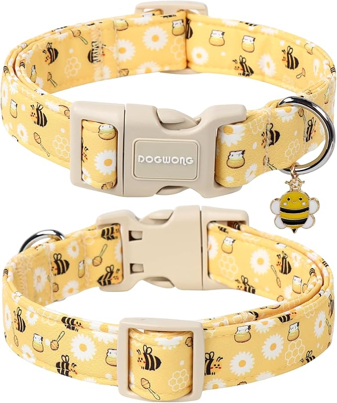 DOGWONG Yellow Bee Dog Collar- Cute Fun Dog Collars Adjustable Designer Spring Puppy Yellowe Dog Collar for Small Medium Large Dogs XS