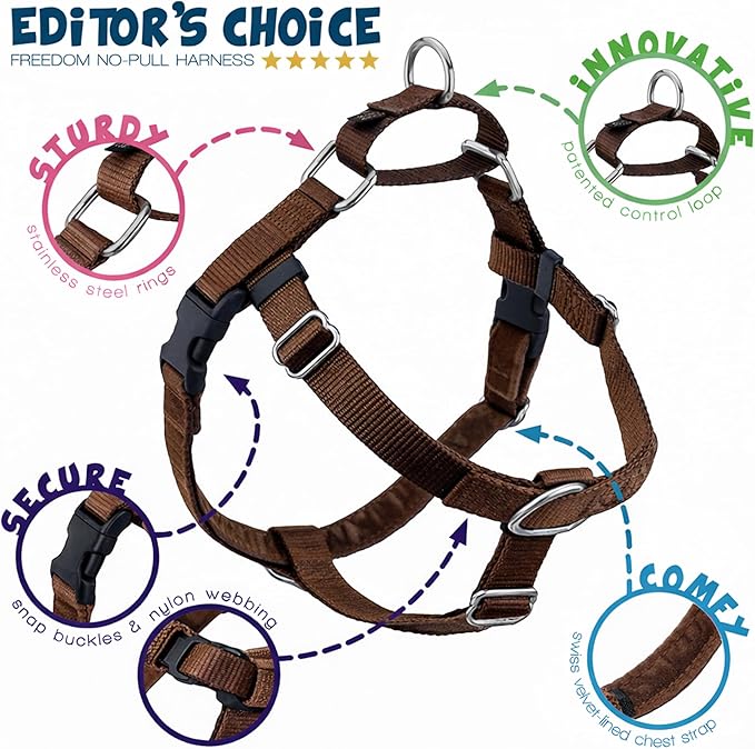 2 Hounds Design Freedom No Pull Dog Harness, Adjustable Harness and Leash Set, Easy Walking & Comfortable Control, Fits Small, Medium & Large Dogs, Solid Colors, Made in USA, 5/8" XS, Brown