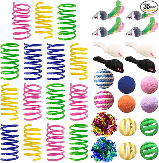 Cat Toys for Indoor Cats, 35 Packs Interactive Cat Toys Set with Colorful Springs, Mouse Cat Toy, Crinkle, Sisal, Pompom and Color Bell Balls for Kitten Toys