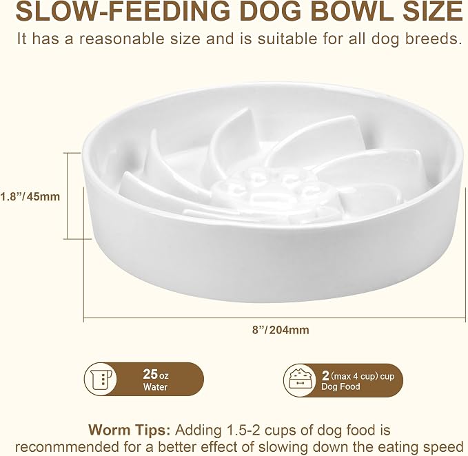 Ceramic Slow Feeder Dog Bowl, 3 Cup Dog Food or 25oz Water, Slow Eating Bowl for Middle Breed, Maze Puzzle Feeder for Fast Eaters, Anti-Choking Stop Bloat, Non-Slip BPA Free (White)