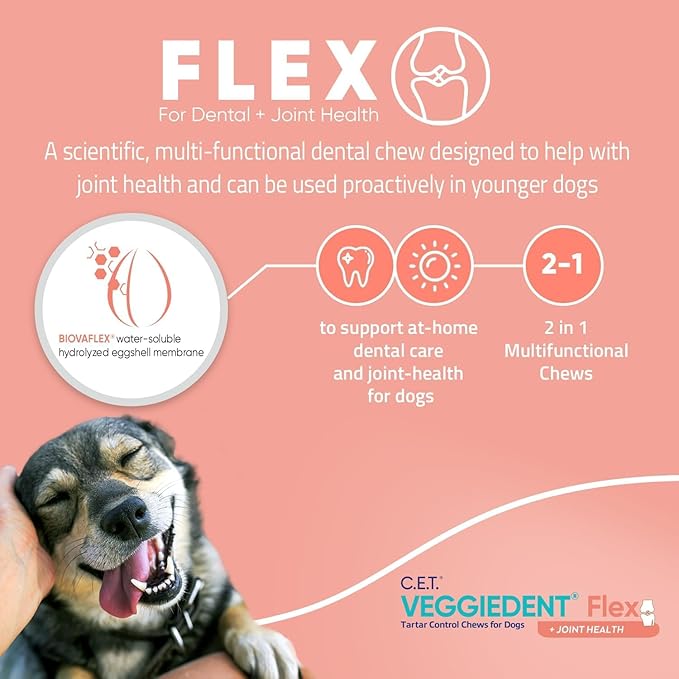 Virbac C.E.T.® VEGGIEDENT® Flex Tartar Control Chews for Dogs - Multifunctional to Support Joint Health, VOHC Approved - Small 11-22lbs