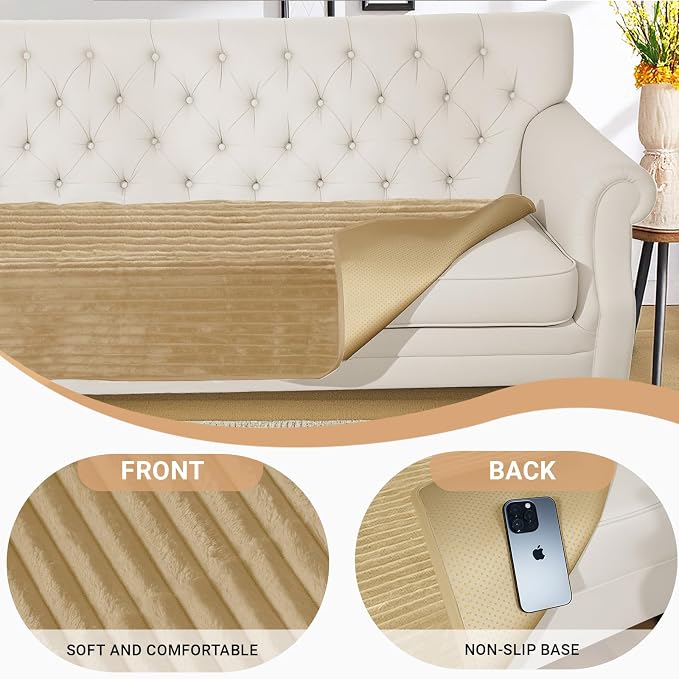 NAISI Couch Covers for Dogs Waterproof Flannel Striped Sofa Cover Pet Friendly Washable Dog Mat for Couch Anti Slip Sectional Sofa Slipcover Protector(1pc/35"x 63",Camel)
