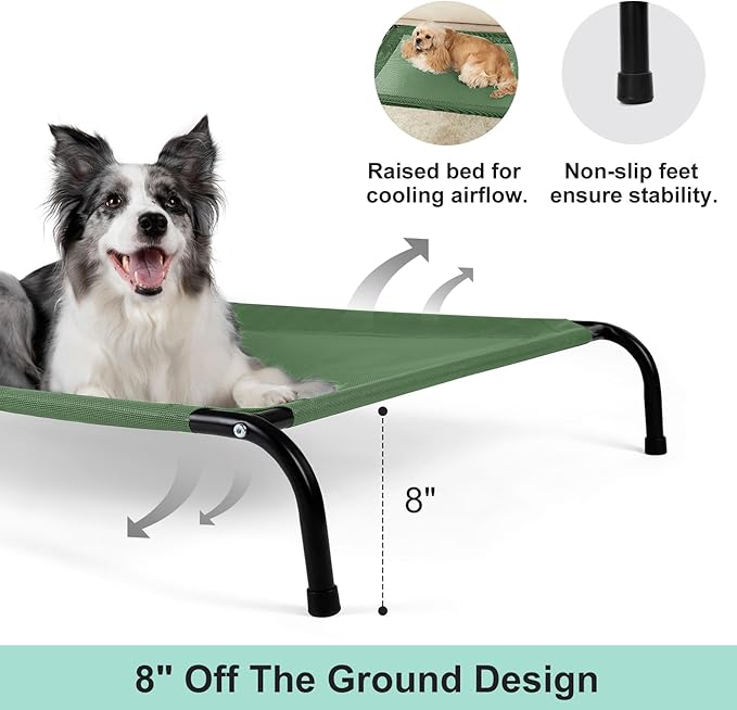 Cooling Elevated Dog Bed with Non-Slip Floor Protectors & Breathable Mesh, Raised Indoor & Outdoor Dog Cot Hammock, 41" L x 26" W x 8" Th, Medium, Green