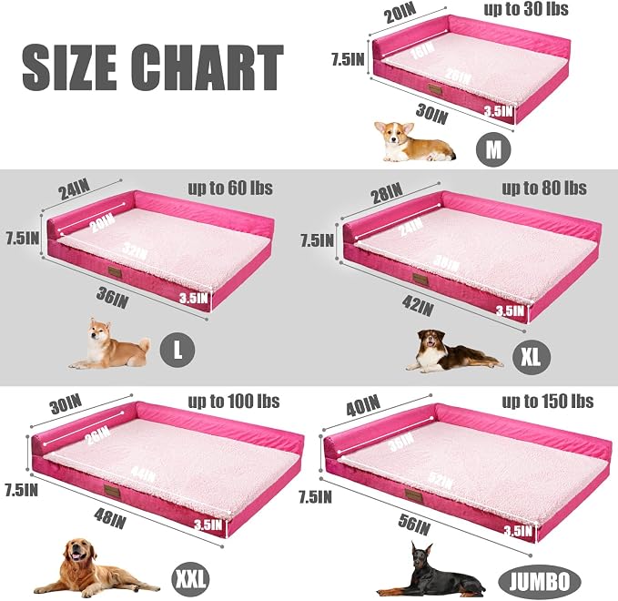 Patas Lague Orthopedic XL Dog Bed Large Sized Dog 42''X28'', Waterproof L Bolster Big Large Pet Sofa Beds with Removable Washable Cover, Soft Pet Couch Crate Mat with Nonskid Bottom, Pink