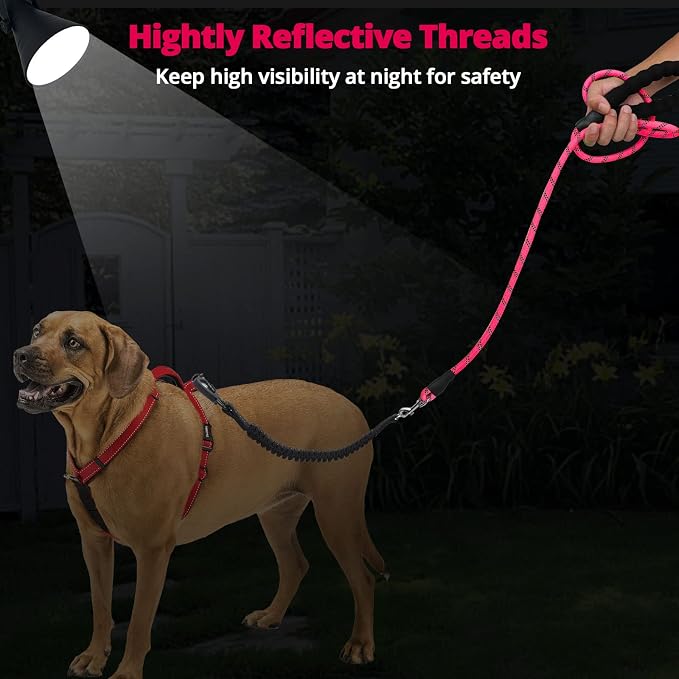 jenico Long Dog Leash 15FT: Heavy Duty Nylon Rope Leashes for Dogs Training with Reflective Threads Bungee and Padded Handle - Dog Lead for Large Small Medium Dogs Outside Walking Hiking - Pink