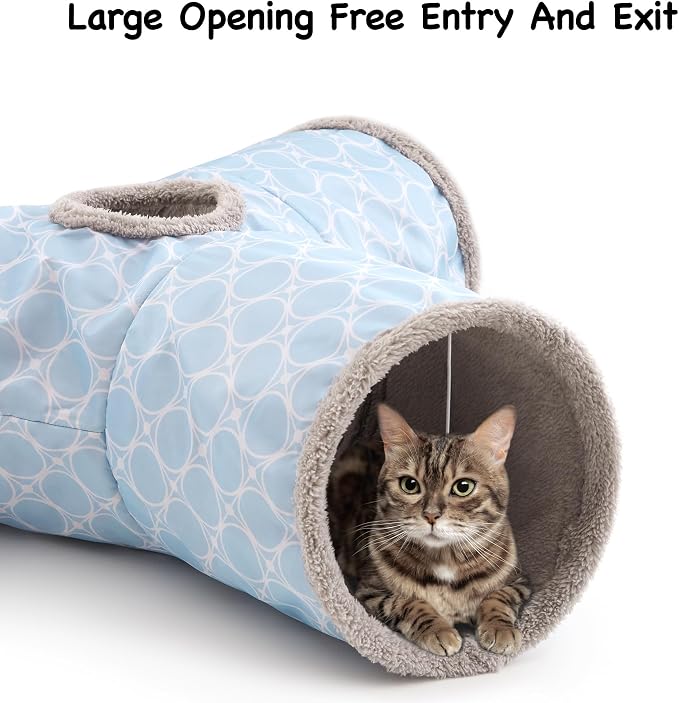 Tempcore Cat Tunnel for Indoor Cats, 3 Way Collapsible Pet Play Tunnel with Teaser Wand, Peek Holes & Hanging Ball, Interactive Tube for Kittens & Rabbits, Geometry Blue