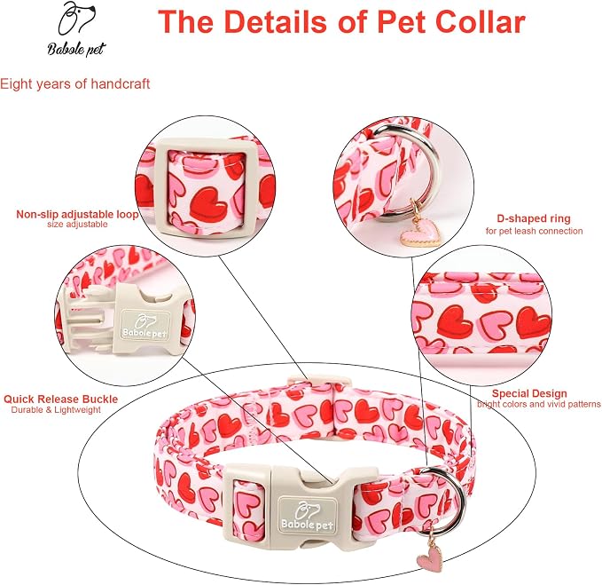 Valentines Dog Collar for Small Dogs - Pink Valentine Hearts Dog Collars, Girly Love Female Dogs Collars, Lightweight Adjustable Cute Puppy Collar with Quick-Release Buckle XS