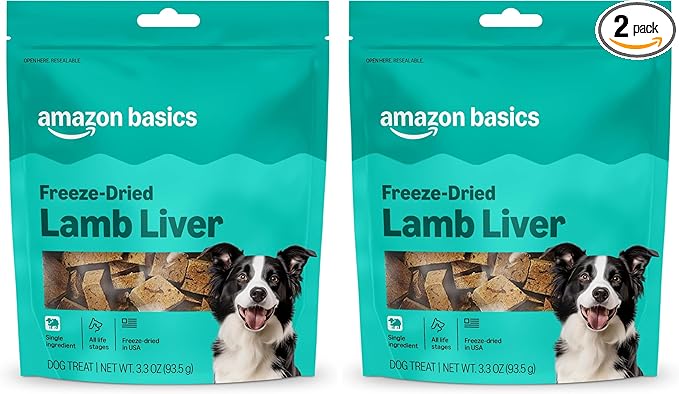 Amazon Basics Freeze-Dried Raw Single Ingredient Dog Treats, Lamb Liver, High Protein, Healthy Training Treats or Meal Topper for All Dogs, Grain-Free, 3.3oz (Previously Wag) (Pack of 2)