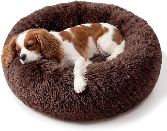 Calming Dog Bed for Medium Dogs Washable Donut 30 inches Anti-Slip Pet Bed,Round Fluffy Plush Faux Fur Cat Bed,Fits up to 45 lbs Pets,Chocolate Brown