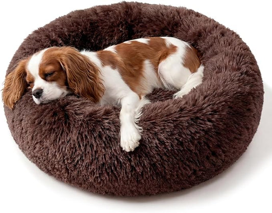 Calming Dog Bed for Medium Dogs Washable Donut 30 inches Anti-Slip Pet Bed,Round Fluffy Plush Faux Fur Cat Bed,Fits up to 45 lbs Pets,Chocolate Brown
