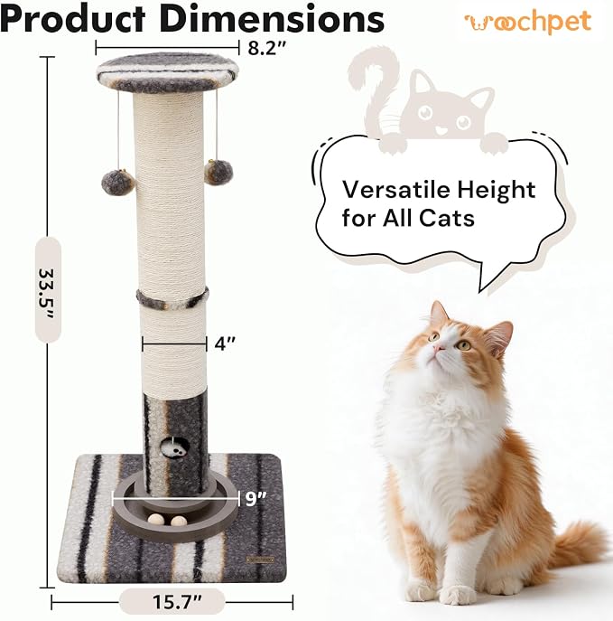 Woochpet 34inches Cat Scratching Post Sisal Cat Scratcher with Cat Ball Track Toy Heavy Duty and Thicker Large Diameter Natural for Adult Cats and Kitty Protect Your Furniture (Grey)