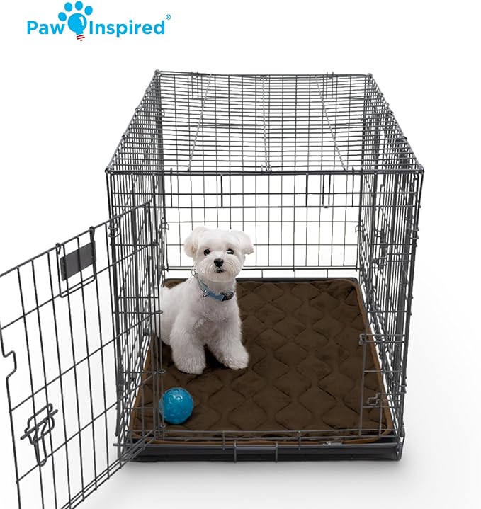 Paw Inspired Washable Padded Crate Mats for Dogs | 35” x 22” Pad, Fits 36-inch Kennels | Leakproof, Waterproof Bottom, Plush Pet Beds (Dark Brown)