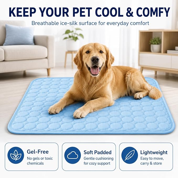 Mat for Dogs and Cats, Ice Silk Pet Cooling Mat, Washable Dog Cooling Pad with Soft PP Cotton Padding, Breathable Dog Bed Mat for Crate, Sofa, Car, Indoor Outdoor (Blue, Large)