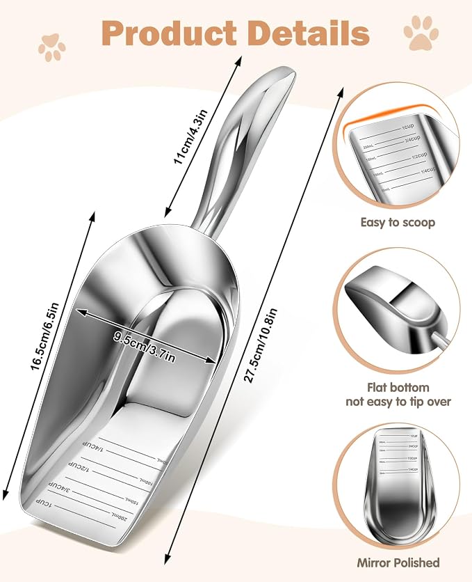 Stainless Steel Cat-Dog Food-Scoop Measuring 1-Cup, Pet Food Scoop with Measuring Lines For Dogs, Cats, And Kitchen Use, Dishwasher Safe