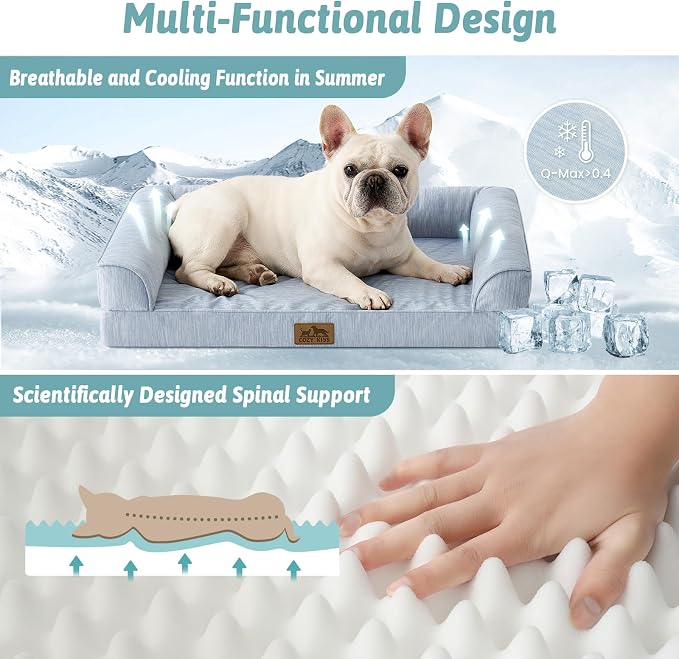 COZY KISS Cooling Dog Bed for Small Dogs, 30"x20" Orthopedic Foam Sofa with Bolster Sides, Q-Max >0.4 Cooling Technology, Cool Pet Bed with Removable Washable Cover, Blue