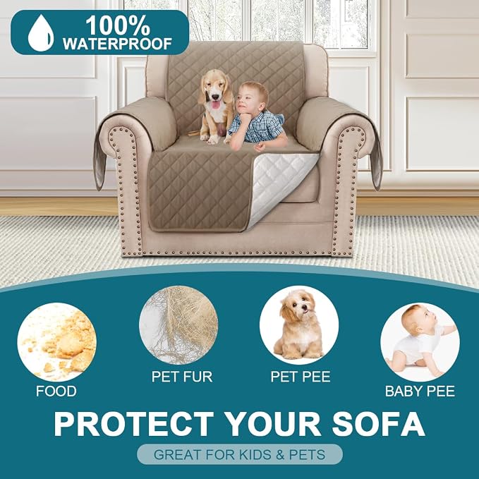 Turquoize 100% Waterproof Sofa Covers Chair Cover Slipcover Couch Protector Triple Non-Slip Sofa Slipcover for 1 Cushion Furniture Protector for Pets, Kids,Dog (Chair 23", Taupe)