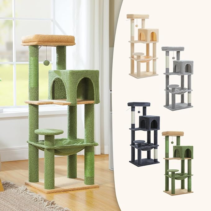 MUTTROS Cactus Cat Tree for Indoor Cats, 44.5" Multi-Level Cat Tower with Large Metal Frame Hammock, Cat Condo with 2 Scratching Posts and Top Perch for Small to Medium Cats, Green