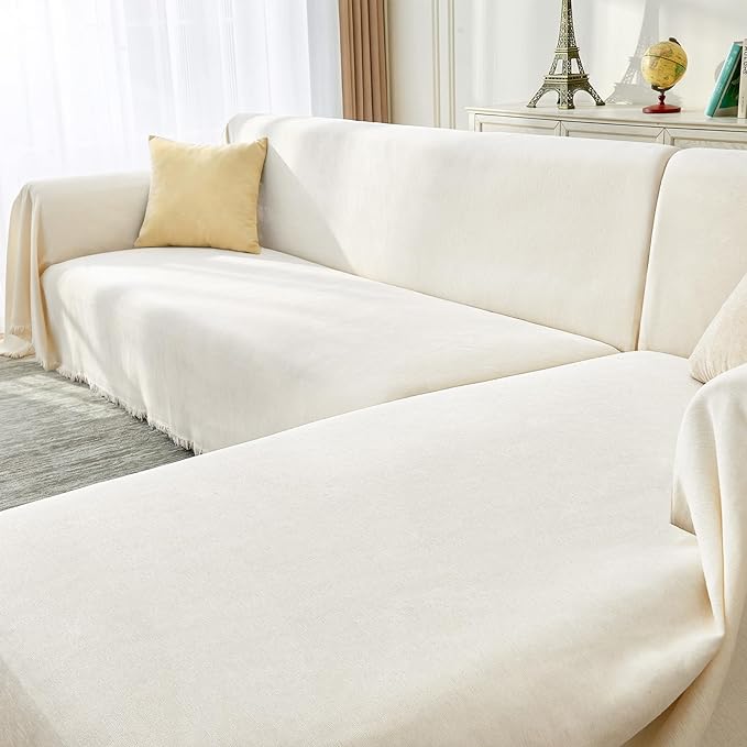 CAPALOCA Sectional Couch Covers, 2 Pieces Chenille Sofa Cover L Shaped Couch Cover Blanket for Dogs Washable Sofa Slipcovers Pet Furniture Protector (Large: 71" x 102" + 71" x 110", Beige)