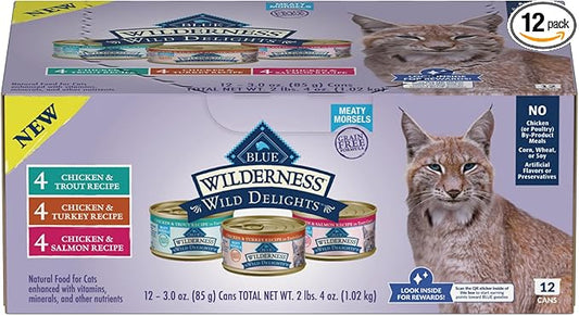 Blue Buffalo Wilderness Wild Delights High Protein Grain Free, Natural Adult Meaty Morsels Wet Cat Food, Chicken & Turkey, Chicken & Trout, Chicken & Salmon 3-oz cans (12 Count - 4 of Each Flavor)