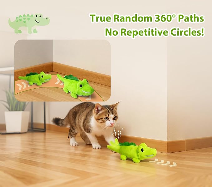 Interactive Cat Toys for Indoor Cats – Auto Moving Alligator with 360° Random Movement & Tail Wagging, Rechargeable Cat Exercise Toy with Catnip, Self-Play Fun for Bored Adult Cats-Set