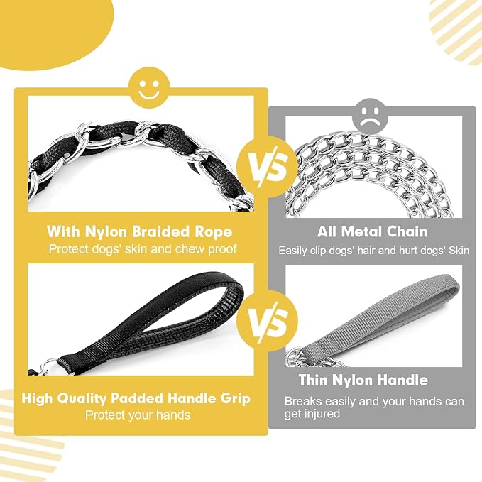 Heavy Duty Metal Dog Chain Leash with Comfortable PU Leather Padded Handle, Chew Proof for Medium Large Pooch Walking Training (4FT 3.0mm Black)