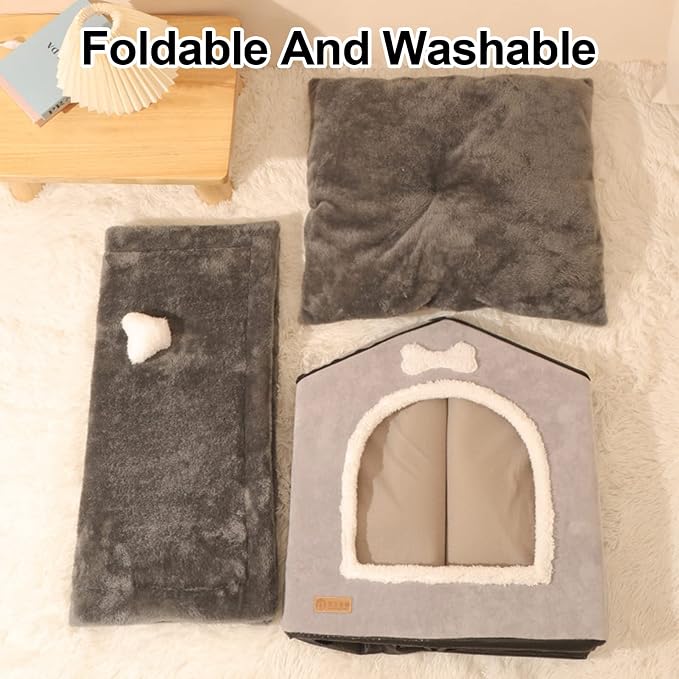 Cozy Plush Cave Bed Safe Haven for Small Pets - Foldable Kennel with Removable Washable Cover, Portable Indoor House with Sherpa Lining for Dogs Cats (Large)