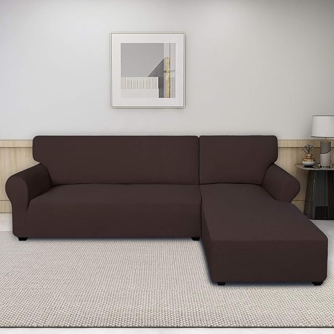 PureFit Super Stretch Sectional Couch Covers - 2 pcs Spandex Non Slip Sofa Covers with Elastic Bottom for L Shape Sectional Sofa Couch, Great for Kids & Pets（3 Seat Sofa + 3 Seat Chaise, Chocolate