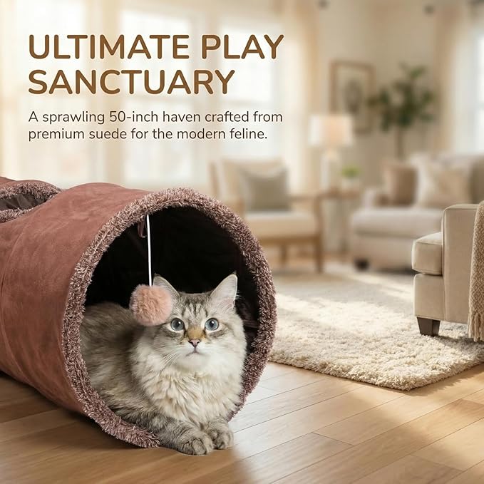 ZENFUN 51"x 12" Collasiple Cat Play Tunnel, Cats Tubes and Tunnels, Cat Foldable Hide and Seek Tunnel Toy, Brown Suede Pet Tube Toy for Rabbits, Ferrets, Puppy, Diameter 12 Inch