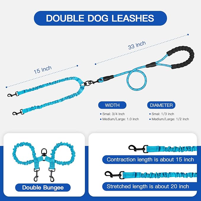 MingXpets Double Dog Leash, Dual Dog Leash, 360° Swivel Tangle Free Bungee Walking Training for Large Medium Dogs, Shock Absorbing Bungee Reflective for Two Dogs, 18~120 lbs, Blue