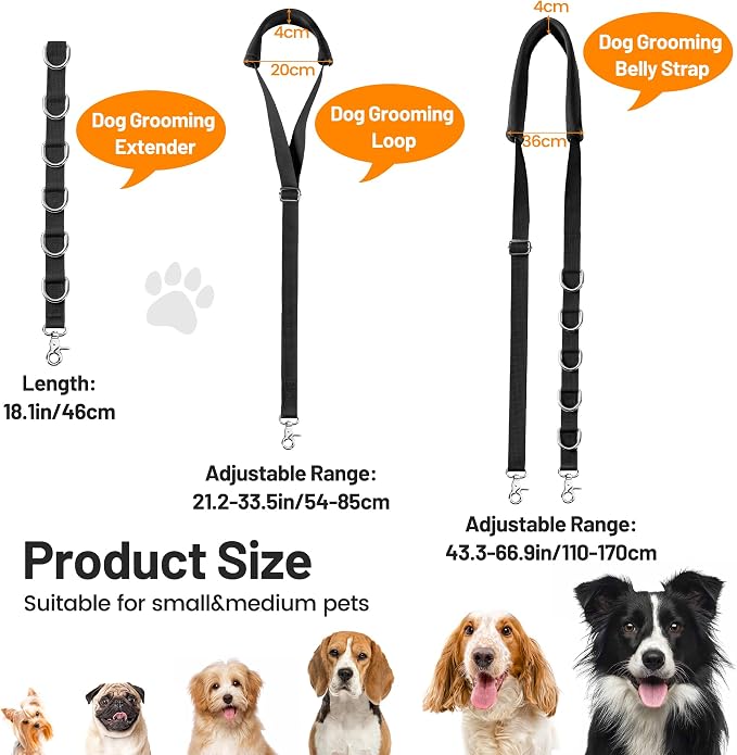 Dog Grooming Belly Strap - Dog Grooming Loops for Table Arm Extender with Clamp Extension Loop Bathing Restraint Leash No Sit Haunch Holder for Small & Medium Dogs Hair Cutting Washing (Black)
