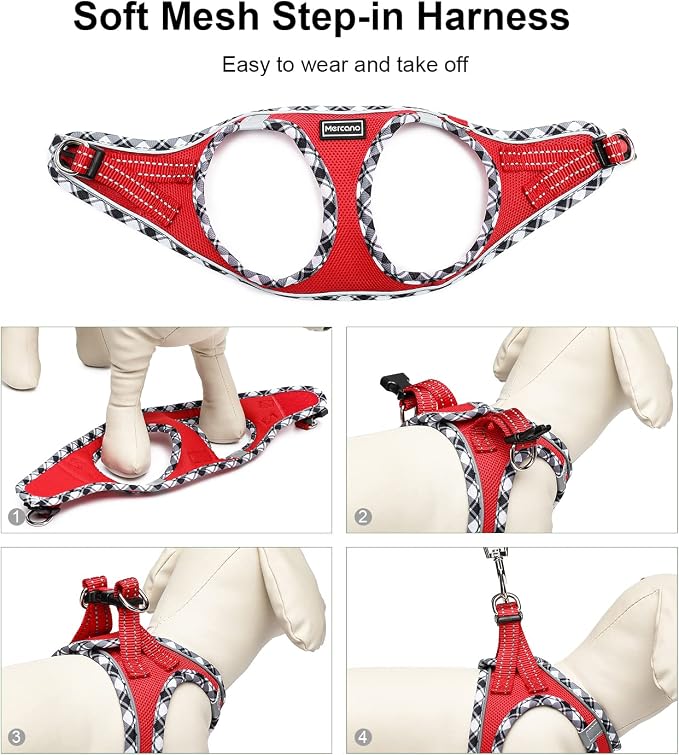 Mercano Soft Mesh Dog Harness and Leash Set, Step-in Reflective Breathable Lightweight Vest Harnesses with Safety Buckle for Small Dogs, Cats (Red, M)