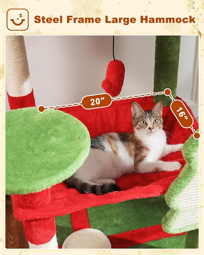 MUTTROS Cat Christmas Tree for Indoor Cats – 56.3“ Cat Proof Christmas Tree Tower with Large Hammock, 3 Scratching Posts & 3 Christmas Toy Balls – Holiday Cat Tree with Festive Decor, Christmas Red