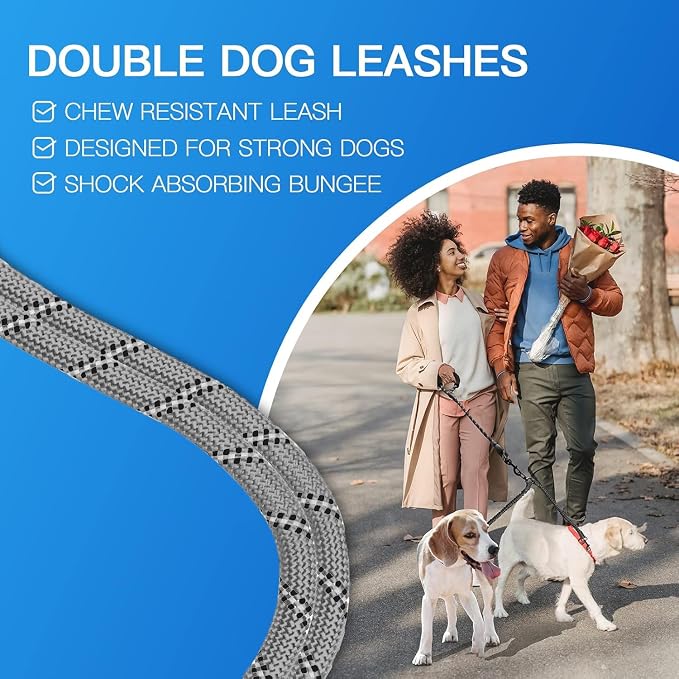 MingXpets Double Dog Leash, Dual Dog Leash, 360° Swivel Tangle Free Bungee Walking Training for Large Medium Dogs, Shock Absorbing Bungee Reflective for Two Dogs, 18~120 lbs, Grey