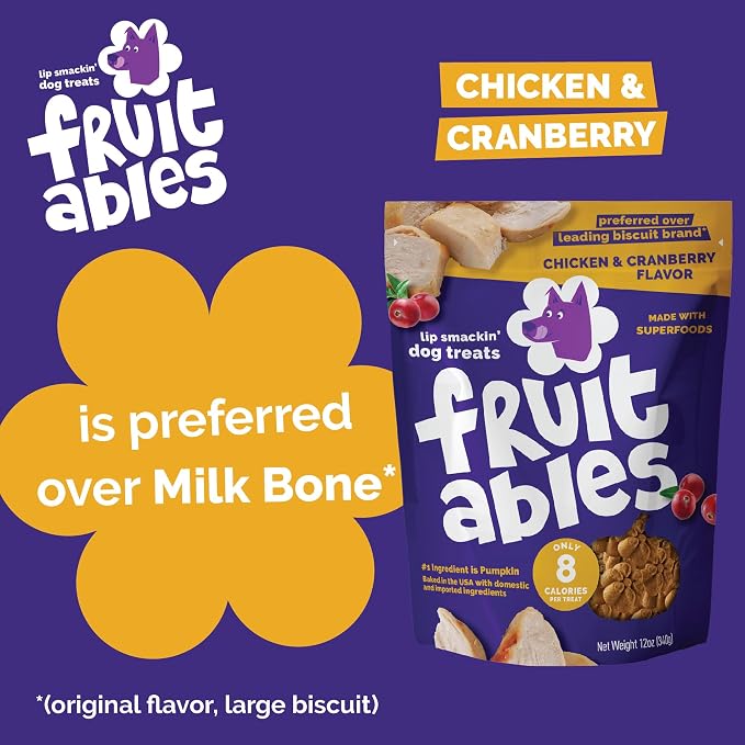 Fruitables Baked Dog Treats, Healthy Pumpkin Treat for Dogs, Low Calorie & Delicious, Made Without Wheat, Corn and Soy, Made in the USA, Allergy Friendly, Chicken and Cranberry Flavor, 12 oz
