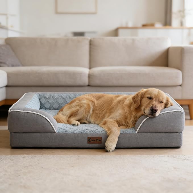 Orthopedic Dog Beds for Large Sized Dogs 36x27 Inch, Waterproof Egg Crate Foam Dog Sofa Bed with Removable Washable Cover Big Pet Couch with Bolster & Non-Slip Bottom, Grey