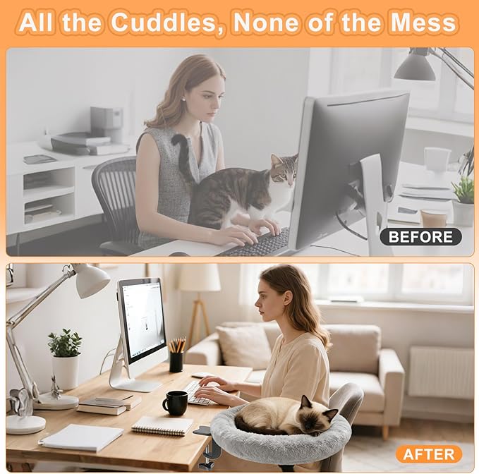 Cat Desk Bed - Ergonomic cat Desk Perch Clamp for Remote Workers - Quality Desktop Suspended Cat's Bed- Rotating Cats Hammock Desk with Removable Cover, Cat Bed Hold UP to 50LBS, Gray