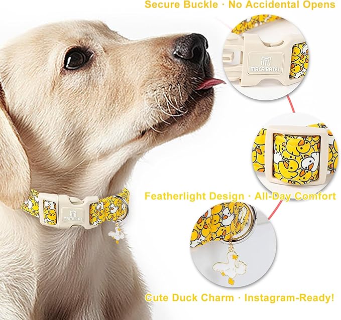 Maca Bates Summer Cute Dog Collar with Yellow Duck Print for Large Boy Gril Dogs,Spring and Summer Styles Durable,Soft,Thick,Adjustable Puppy Basic Collars for Male Female Pet with Safety Buckle