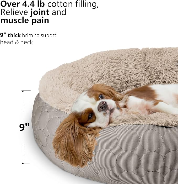 HachiKitty Dog Donut Round Calming Bed, Fluffy Bed for Medium Large Dogs, Double Sided Available with Warm & Cool Sides (30"x30"x9", Taupe)