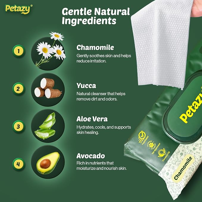 Petazy Pet Wipes for Dogs and Cats – 200 Count (8x8in) Hypoallergenic, Deodorizing Dog Wipes for Paws, Ears and Butt | XL with Aloe & Coconut Oil, Chamomile Scented | Travel Size, 2 On-the-Go Packs